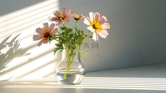 波斯菊背景图片_玻璃花瓶中波斯菊的 3D 渲染，带有时钟和阴影场景