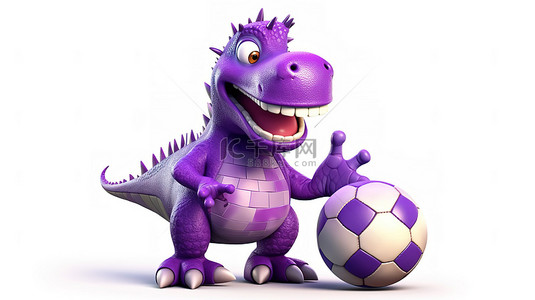 有趣的 3D 紫色恐龙人物抓着足球