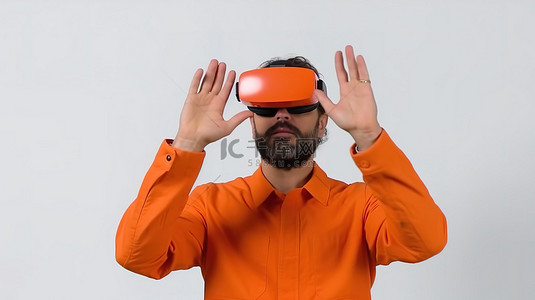 3D 虚拟现实建筑师戴着橙色头盔，做出高质量照片中捕捉到的手势