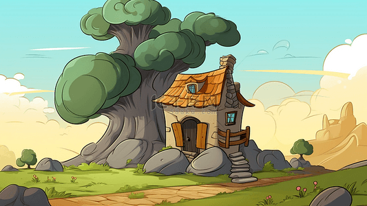 卡通房子天空树石头背景