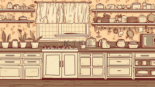 厨房餐具食物家具背景图片_厨房漂亮插画背景