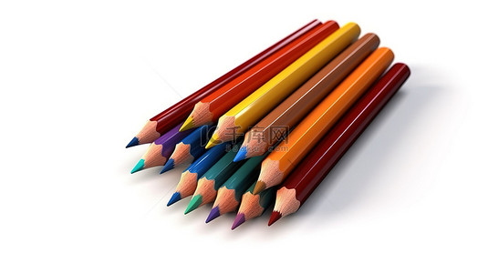 各种文具彩色铅笔墨水笔和白色背景上带有红色橡皮筋的普通铅笔 3D 插图