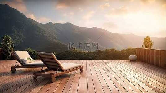夏季热带旅游背景图片_令人惊叹的 3D 渲染宁静的户外休息区，享有雄伟的山景