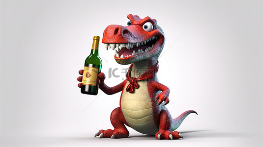 搞笑的 3D 恐龙人物和一瓶酒