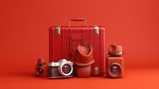 机场登机口背景图片_红色行李相机和帽子在 3D 渲染背景旅行概念