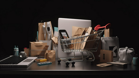 网上购物和电子商务 3D 计算机插图与信用卡购物篮产品和纸袋