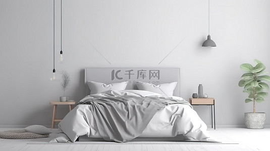 斯堪的纳维亚风格的卧室样机灰色床，位于白色图案墙背景上