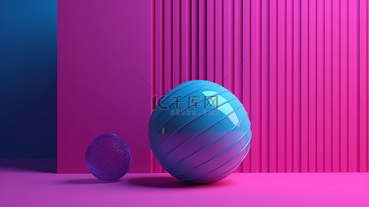 极简主义的当代艺术几何概念在 3d 渲染中以蓝色腿和粉红色孤立背景上的紫色球为特色