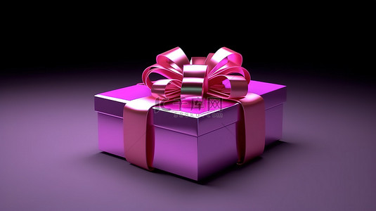 装饰独立粉色礼品盒的紫色大蝴蝶结的 3D 渲染