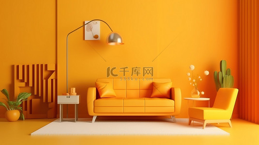 橙色客厅背景图片_单色室内房间采用充满活力的橙色和黄色色调，配有 3D 家具