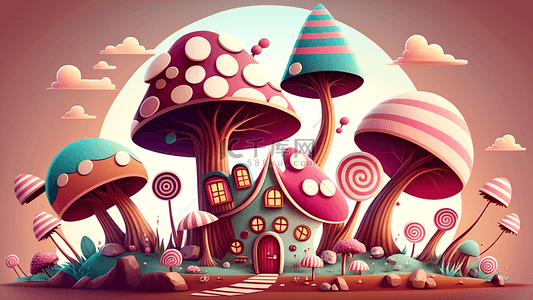小屋蘑菇可爱卡通插画