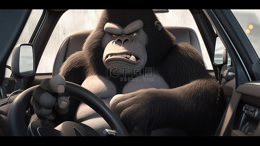 可爱的 3d 胖乎乎的大猩猩驾驶汽车并竖起大拇指