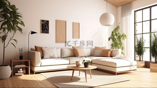 斯堪的纳维亚公寓的 3D 渲染插图，客厅采用现代日本风格的室内设计