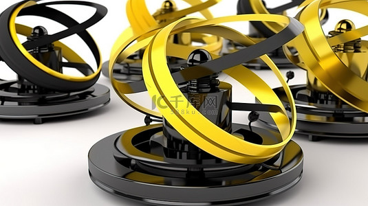 平衡科技背景图片_在白色背景上以 3d 形式描绘的黄色和黑色陀螺仪