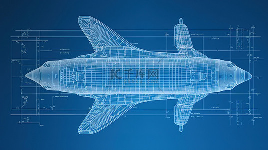 在蓝色背景上缩放的 3d 渲染航天飞机蓝图