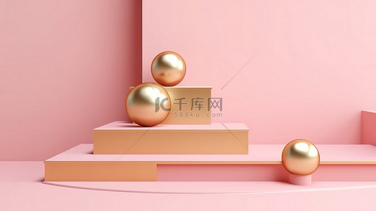 简约的金色 3D 平台和台阶，粉红色背景上带有金球装饰的模拟 3D 渲染