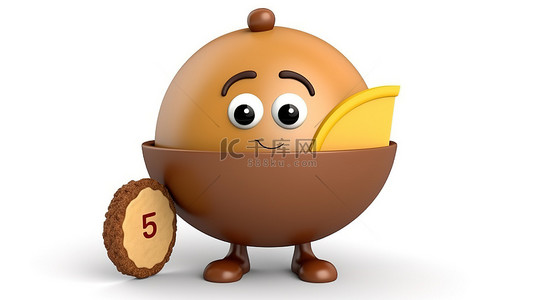 3D 渲染的白色背景，以棕色鸡蛋和详细的商业信息图表饼图为代表的吉祥物