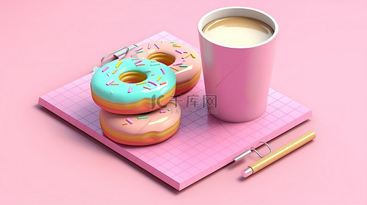 带剪贴板的充满活力的甜甜圈和咖啡杯的柔和 3D 渲染