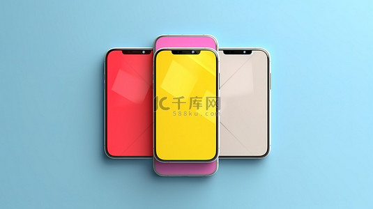 一组 cmyk 智能手机位于充满活力的隔离表面 3d 渲染上