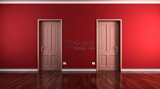 3D 渲染空房间，有两扇门和深红色墙壁内部