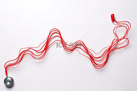 心电图白色背景图片_红色听诊器在白色背景上制作心电图线