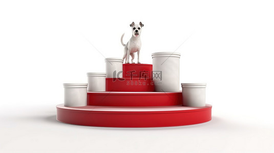人们吃食物背景图片_圆形白色基座的 3D 渲染，带有台阶和红地毯，配有设计师狗粮袋包