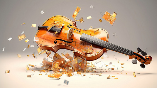 破碎的小提琴，碎片分散在 3D 艺术品中
