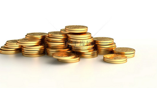 背景叠层背景图片_白色背景的 3D 渲染，一堆金色的美元硬币层叠下来