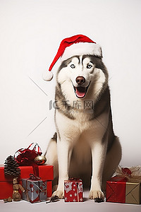 戴着圣诞老人帽子的哈士奇狗坐在圣诞老人礼物前