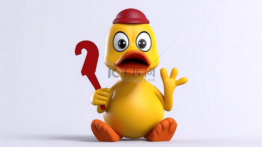 白色背景上带有红色问号的可爱黄色卡通鸭吉祥物的 3D 渲染