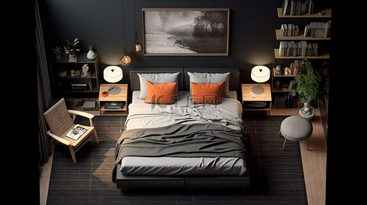 床顶视图背景图片_布置明亮的卧室靠着黑暗的墙壁，3D 渲染中的顶视图正交投影