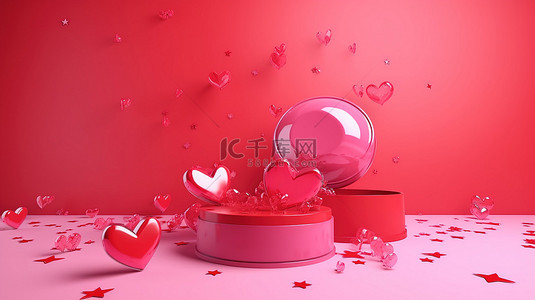 圆圈星星背景图片_情人节庆祝红水晶心礼盒和星星在 3D 渲染的粉红色圆圈中旋转