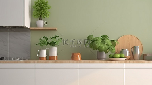 室内场景 3D 渲染简约厨房与绿色植物