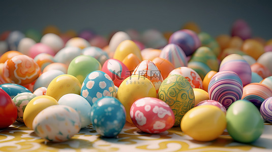 欢乐的复活节场景，以充满活力的 3D 渲染手绘鸡蛋为特色