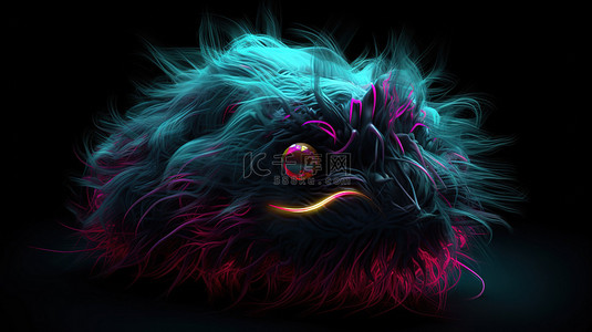 在黑暗背景 3d 插图中游泳的霓虹灯毛茸茸的怪物的特写视图