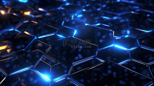具有蓝色发光和点连接的抽象技术背景中互连多边形的 3D 渲染