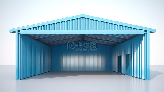 蓝色铁皮背景图片_蓝色屋顶仓库的 3D 插图，带有波纹铁皮天篷和铝制立面