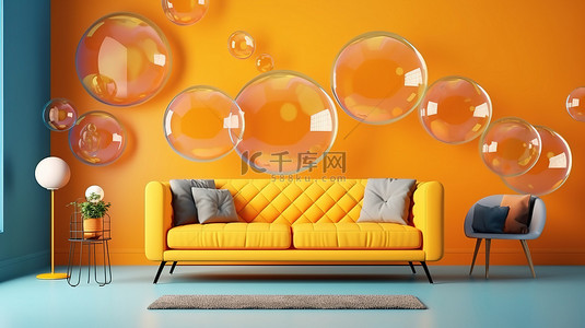现代生活空间配有充满活力的橙色沙发黄色拱形落地灯和 3D 渲染的蓝色气泡墙