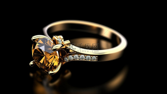孤立的黑色背景金琥珀钻石戒指的 3D 渲染