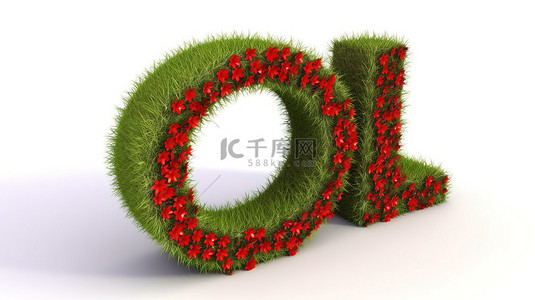 植物标志背景图片_红色的花朵和郁郁葱葱的绿草突出了标志电子邮件符号处渲染的 3D