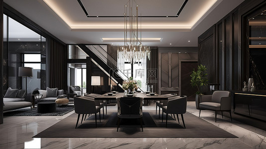 以 3D 呈现的现代客厅和餐厅室内设计