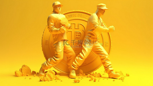 两个 3d kahlo 人物在黄色背景上敲击比特币硬币，描绘比特币金矿开采概念