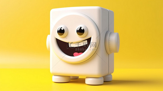 黄色背景展示了现代可充电白色洗衣机的 3D 渲染人物吉祥物