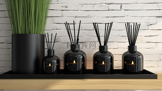 扩散背景图片_通过木架上的黑色香薰蜡烛和香薰芦苇扩散器，与 3D 渲染中的白墙芳香疗法概念相对应，提升您家的氛围