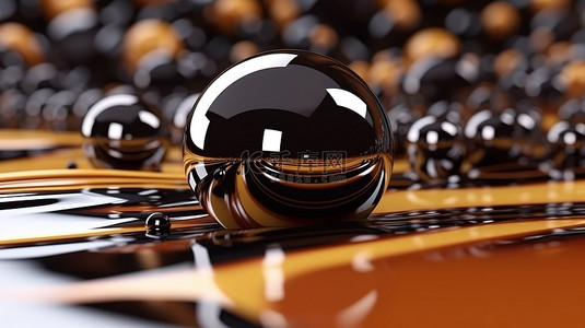 黑色抽象海报背景上的简约棕色和金色 3D 液体球渲染