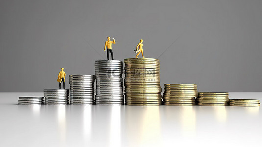 股票市场金融投资增长与硬币和经纪人的 3D 插图