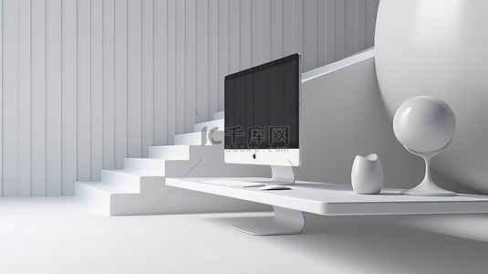 网页的样机背景图片_位于抽象平台上的计算机的 3D 渲染