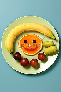 一盘水果，包括香蕉苹果胡萝卜和坚果