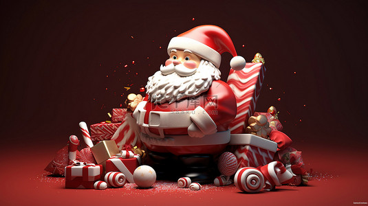 圣诞礼物贺卡背景图片_喜庆的 3d 圣诞老人在树下带着礼物和圣诞礼物