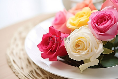 白盘中的彩色玫瑰
